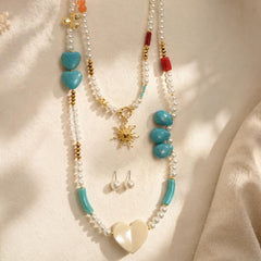 Set Collar Doble Piedra Natural Dije Sol Y Topo Perla Aura
