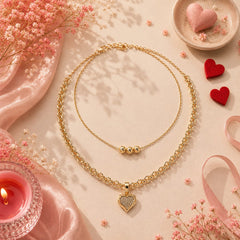 Collar Doble Corazón Brillante con Balines en Dorado Amaré
