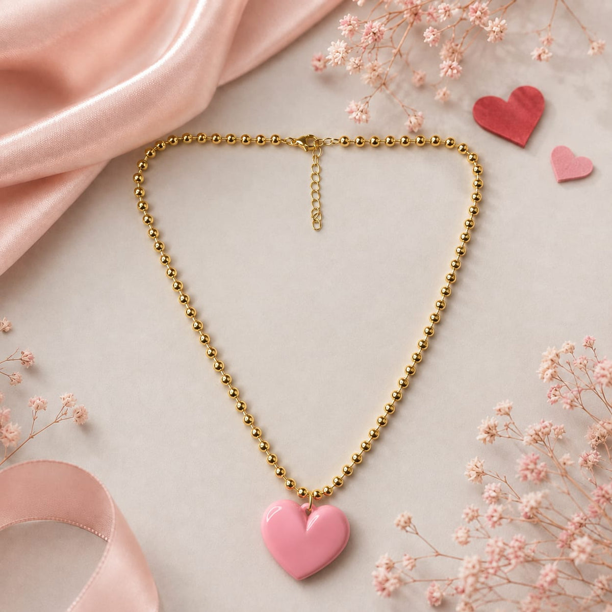 Collar Cadena Eslabones Dorado con Corazón Abaco Rosado Amaré