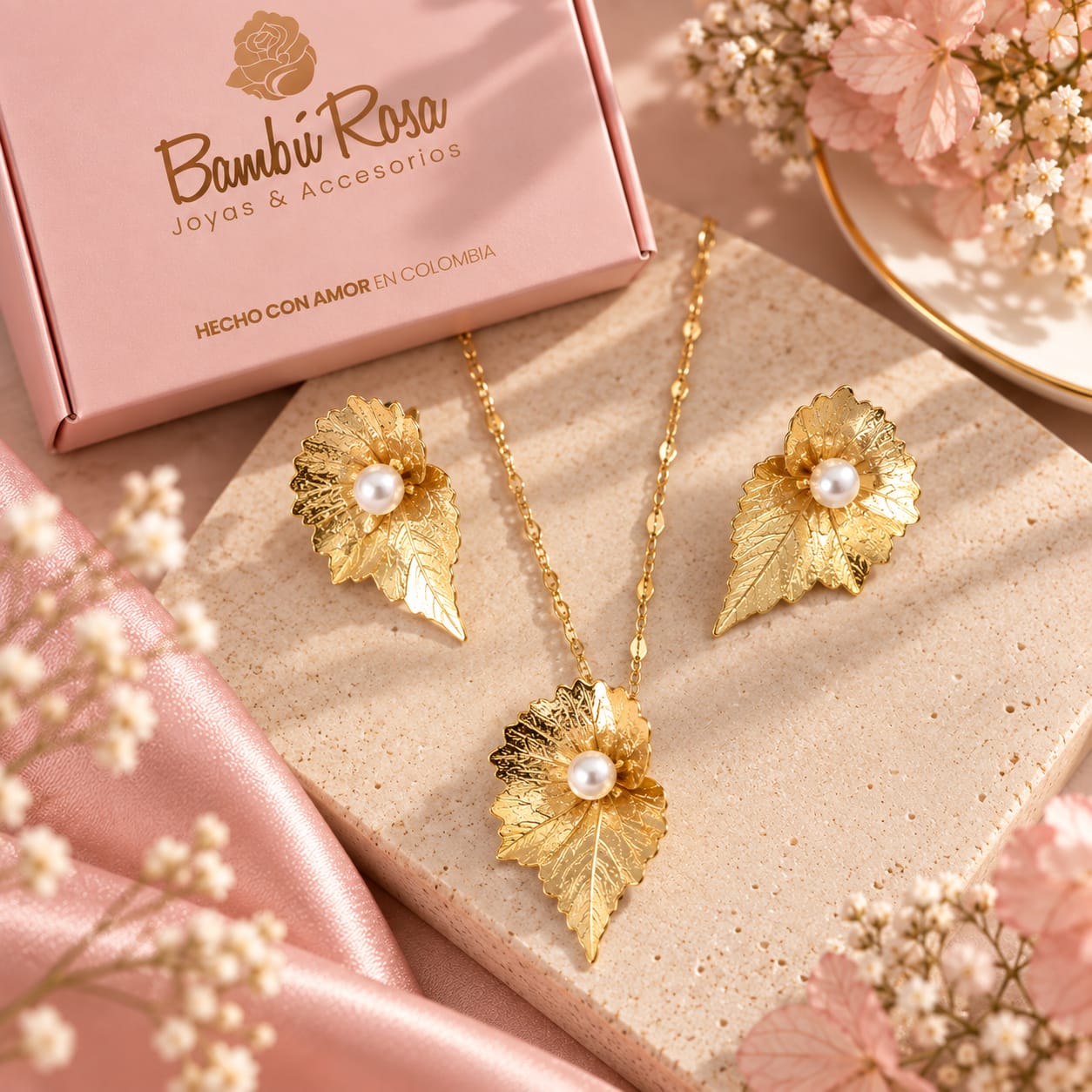 Set Collar y Aretes Media Hoja y Perlas Dorado Latidos - Bambú Rosa Joyas y Accesorios 