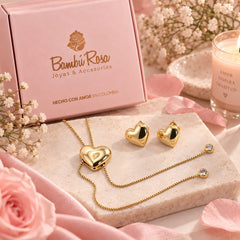 Set Aretes Y Collar Corazón Corbatin Dorado Latidos
