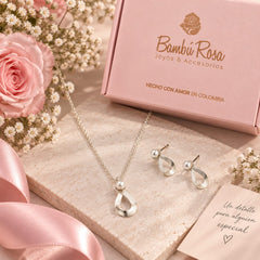 Set Collar Y Aretes Gota Perla Plateado Madres - Bambú Rosa Joyas y Accesorios 