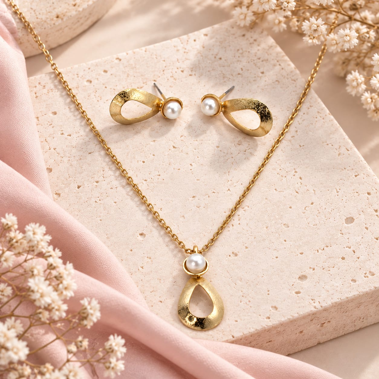 Set Collar Y Aretes Gota Perla Dorado - Bambú Rosa Joyas y Accesorios 
