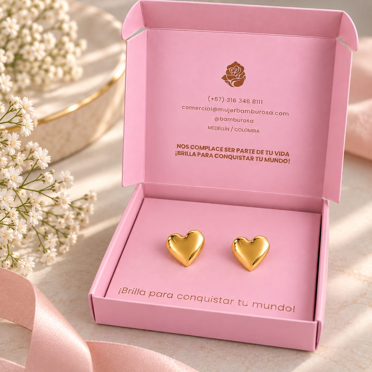 Aretes Topos Corazón Dorado Florecer - Bambú Rosa Joyas y Accesorios 
