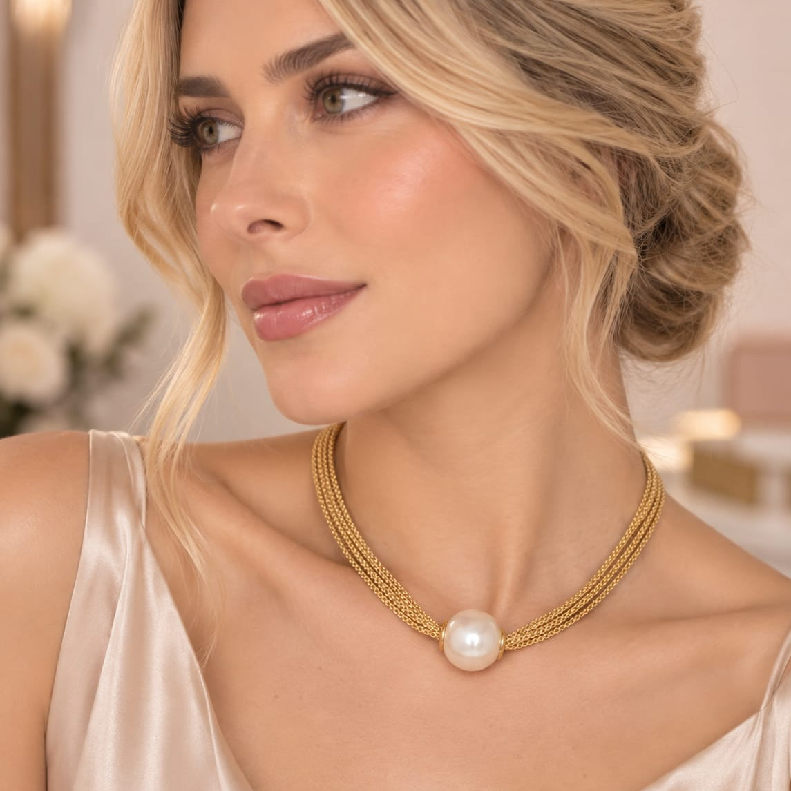 Collar Cadenas Maxi Perla Dorado Latidos - Bambú Rosa Joyas y Accesorios 