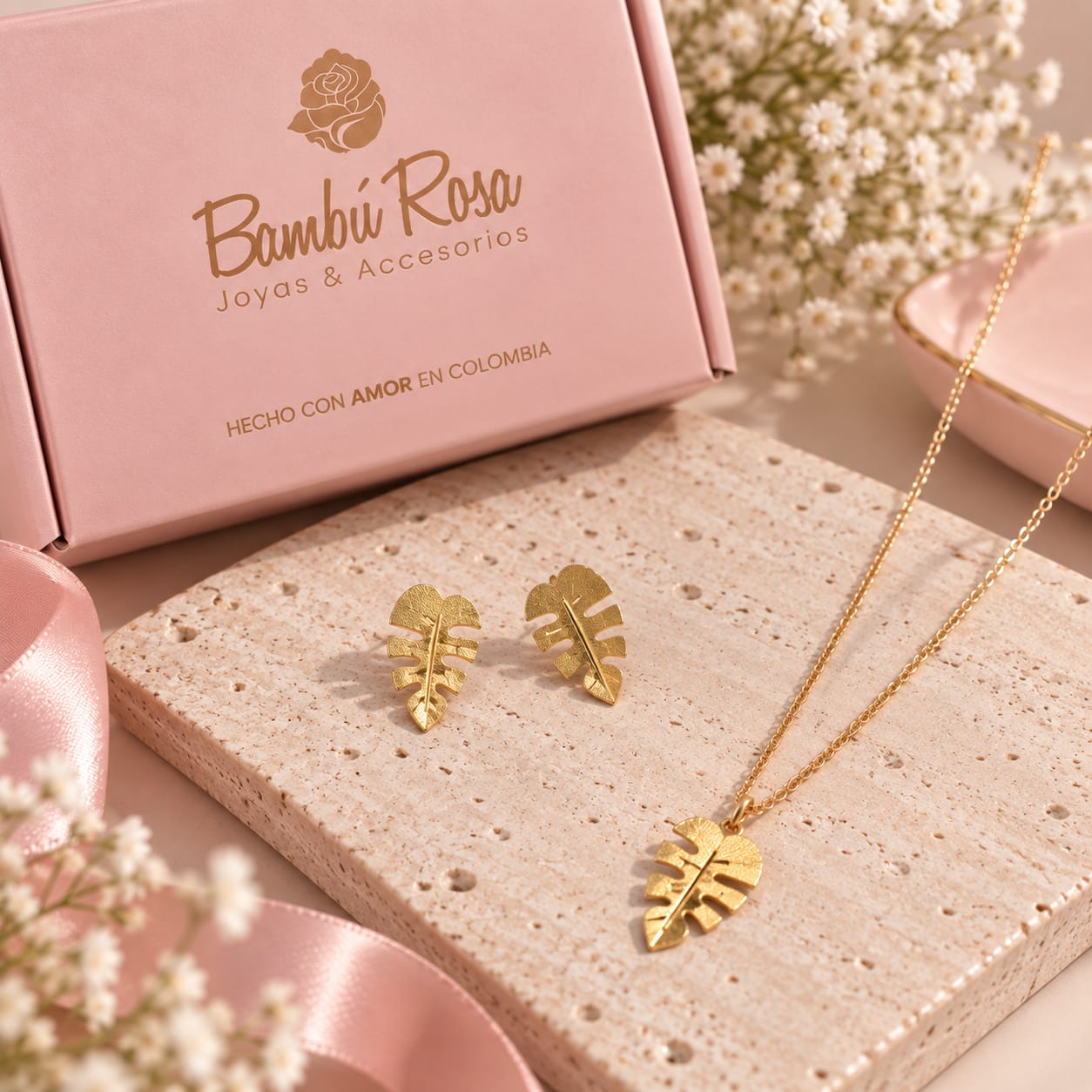 Set Collar Y Aretes Hoja Malanga Mini Dorado Esencial - Bambú Rosa Joyas y Accesorios 