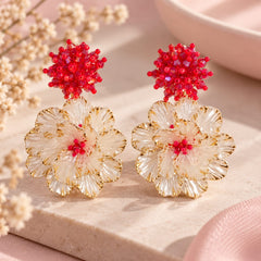 Aretes Maxi Flor Nácar Tejido Cristal Rojo Amore
