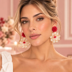Aretes Maxi Flor Nácar Tejido Cristal Rojo Amore