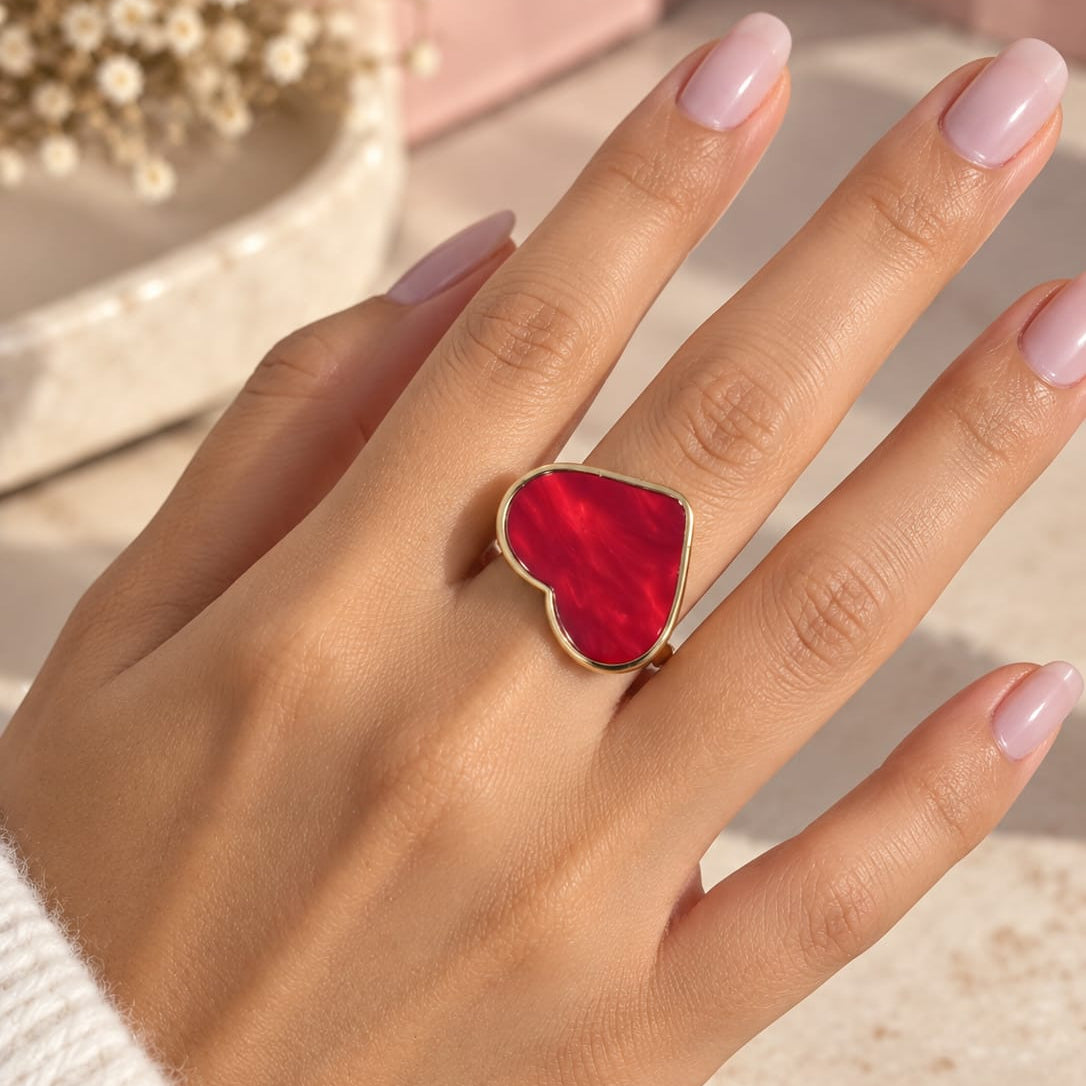 Anillo Maxi Corazón Abaco Marmolizado Color Vino Amore Dorado - Bambú Rosa Joyas y Accesorios 