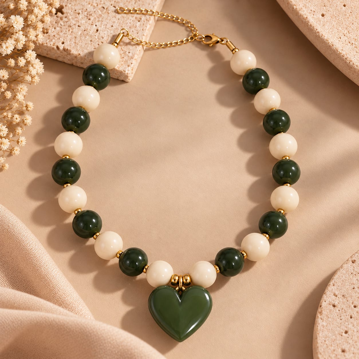 Maxi Collar Piedras Corazón Verde Aura - Bambú Rosa Joyas y Accesorios 