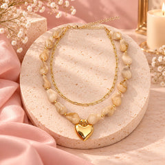 Collar Doble Cadena con Piedra Natural Color Beige Con dije Corazón Dorado Creer