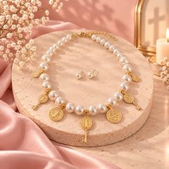 Set Topo Perla Y Collar con Dijes San Benito Dorado Creer