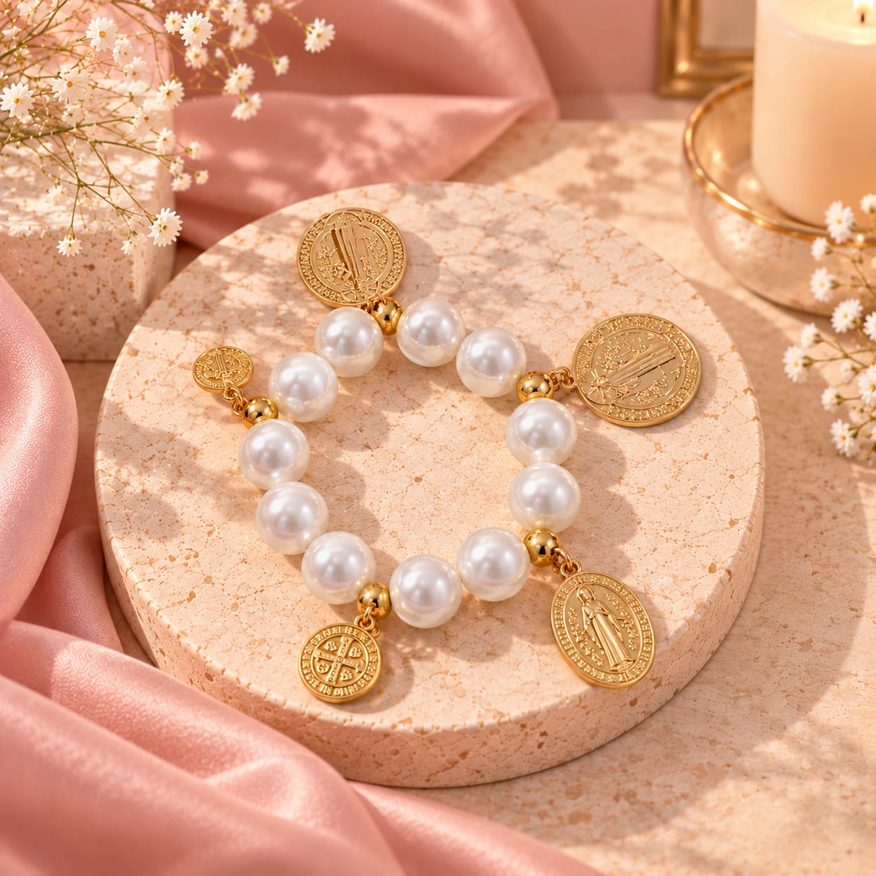 Pulsera Perla Dijes San Benito Dorada Creer - Bambú Rosa Joyas y Accesorios 