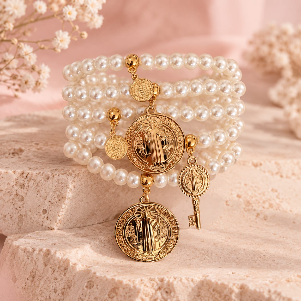 Set Pulseras x 5 Dijes San benito Dorado Creer - Bambú Rosa Joyas y Accesorios 
