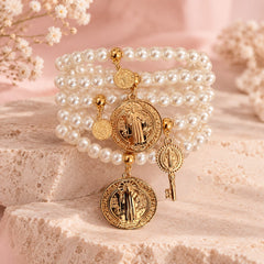 Set Pulseras x 5 Dijes San benito Dorado Creer - Bambú Rosa Joyas y Accesorios 
