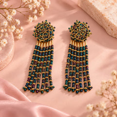 Arete Capullo Largos Tejidos en Mostacilla Verde visos Dorado Creer - Bambú Rosa Joyas y Accesorios 
