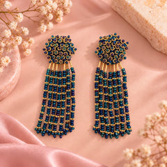 Arete Capullo Largos Tejidos en Mostacilla Azul Visos Dorado Creer - Bambú Rosa Joyas y Accesorios 