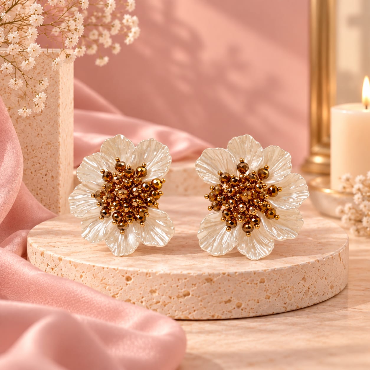 Arete Media Flor Nácar Tejida en Cristal Dorado Creer - Bambú Rosa Joyas y Accesorios 