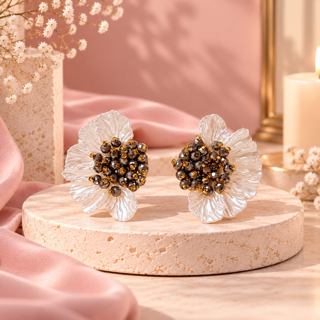 Arete Media Flor Nácar Tejida en Cristal Plateado Creer - Bambú Rosa Joyas y Accesorios 