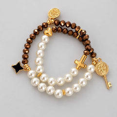 Pulsera Camándula en Perla y cristal Dorado Creer
