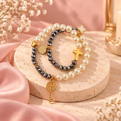 Pulsera Camándula en Perla y cristal Plateado Creer