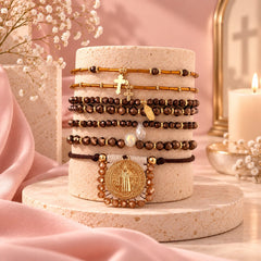 Set Pulseras x 7 Dije San Benito Dorada Tejida Creer