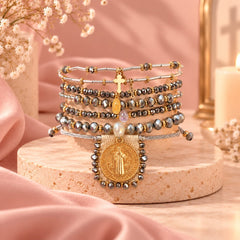 Set Pulseras x 7 Dije San Benito Plateada Tejida Creer
