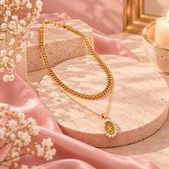 Collar Doble Cadena Virgen de Guadalupe Perla Dorado Creer