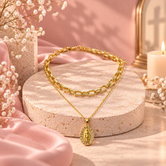Collar Doble Cadena Virgen de Guadalupe Cristal Dorado Creer