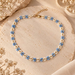 Collar Choker Mostacilla Girasol Azul y Blanco Dorado Creer