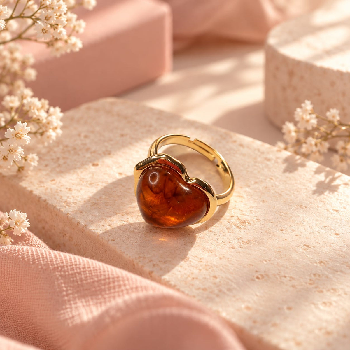 Anillo Maxi Corazón Piedra Café Dorado Creer