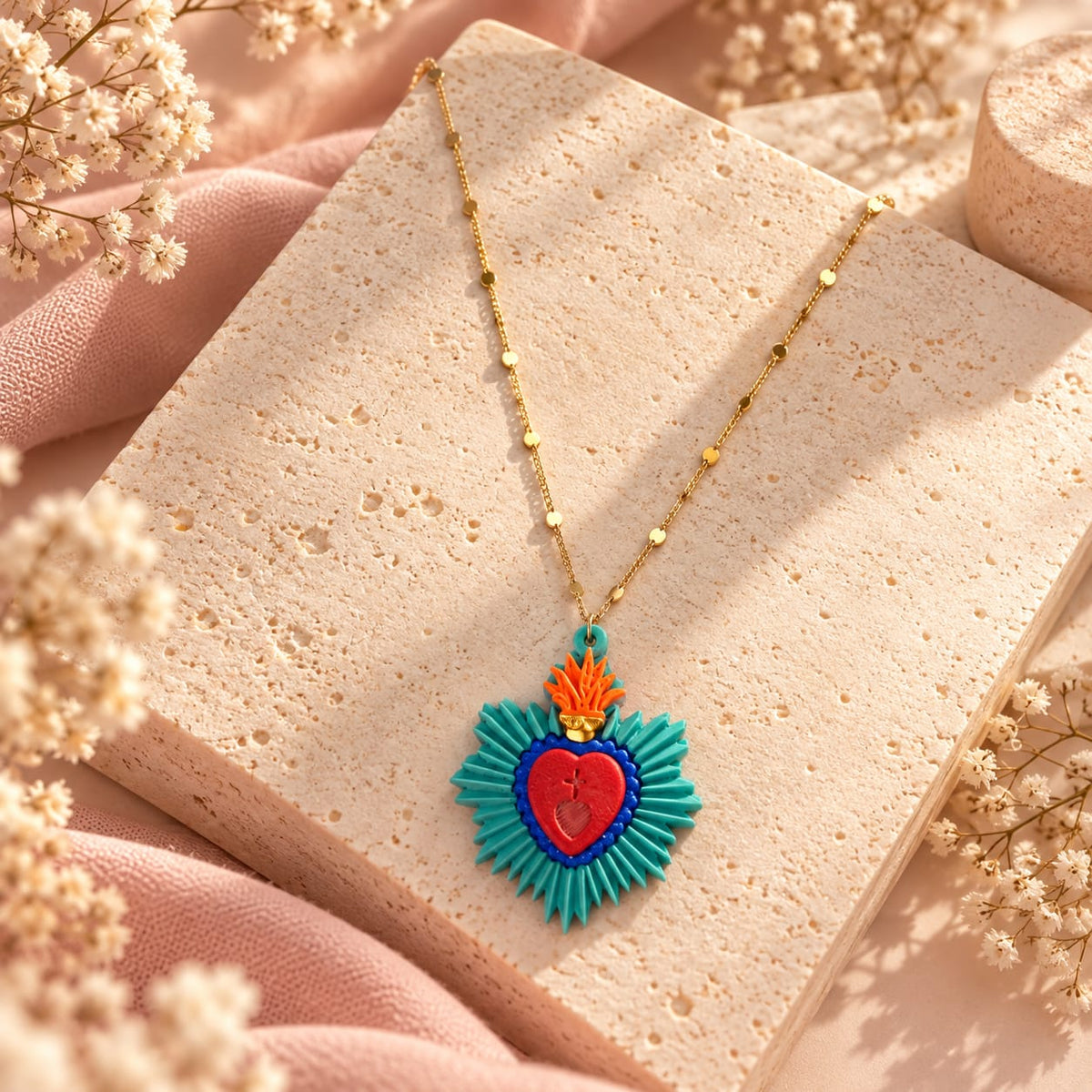 Collar Cadena Dije Sagrado Corazón Azul Dorado Creer