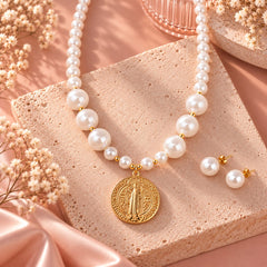 Set Topo Y Collar Perla con Dije San Benito Dorado Creer