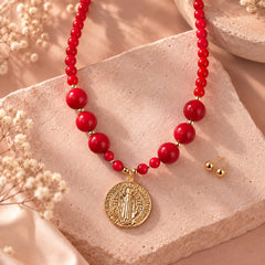 Set Topo Balin Y Collar Abaco Rojo con Dije San Benito Dorado Creer