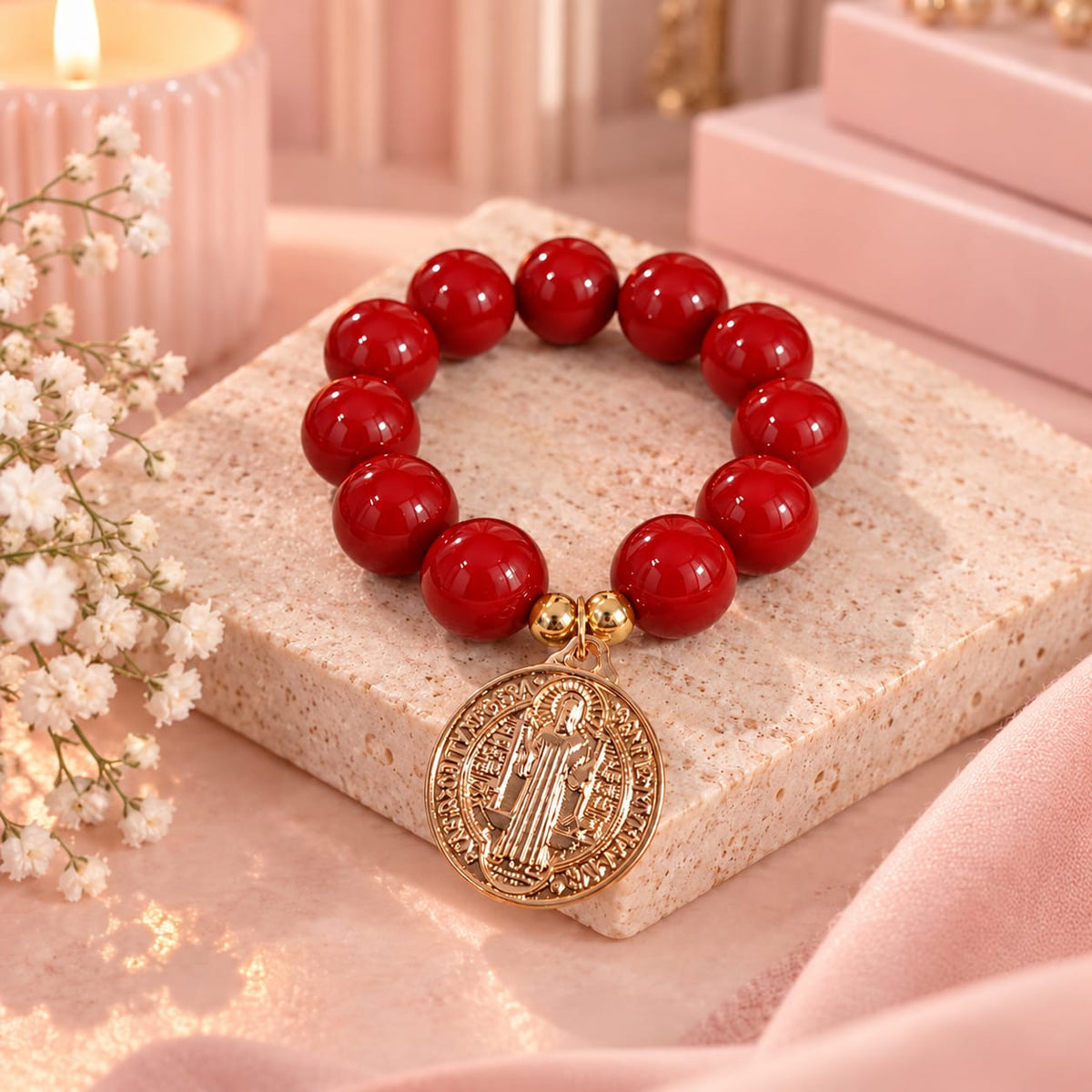 Pulsera Piedra Roja con Dije San Benito Creer