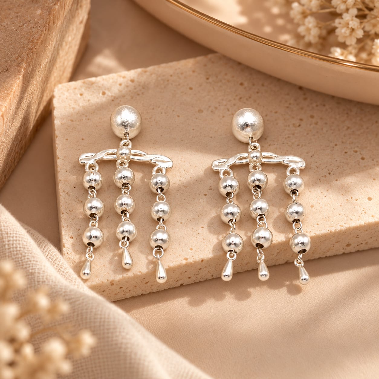 Aretes Articulados esferas Conexión Plateado - Bambú Rosa Joyas y Accesorios 
