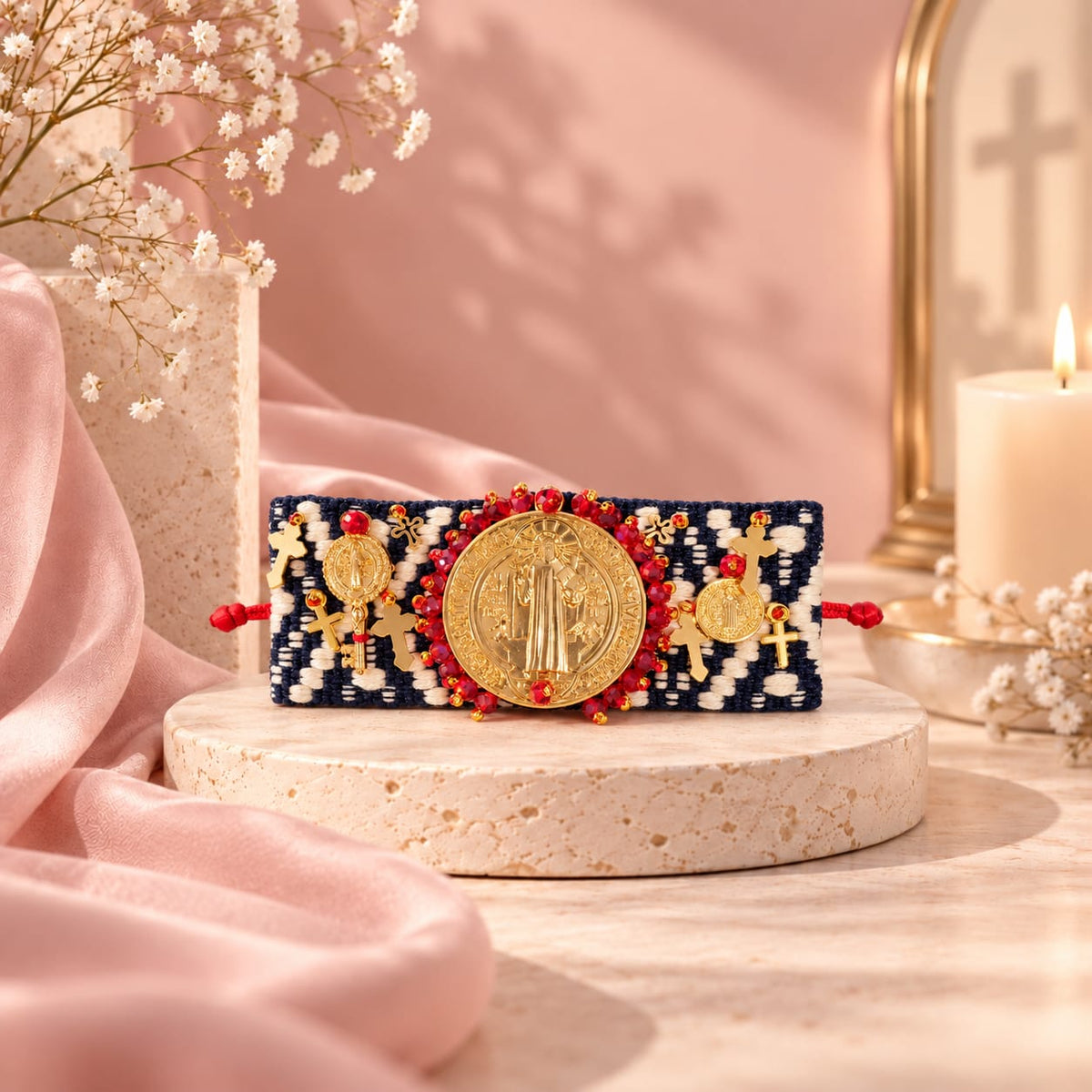 Pulsera Ancha Tejida Con dije San benito Creer