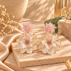 Aretes Maxi Flor Nácar Tejido Cristal Rosado Esplendor
