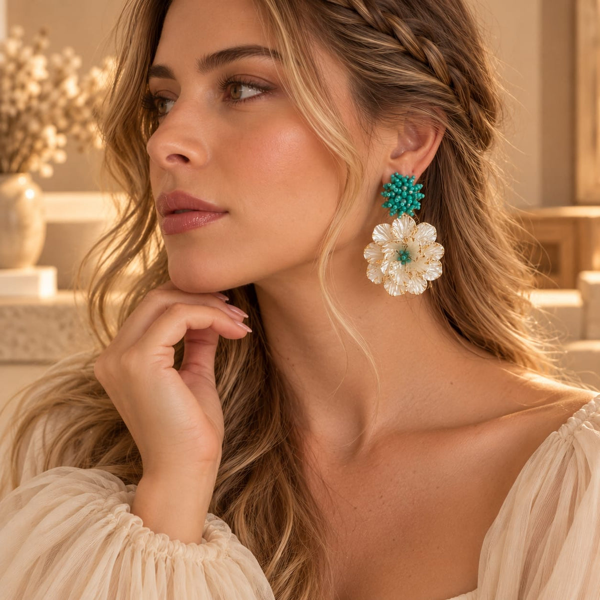 Aretes Maxi Flor Nácar Tejido Cristal Turquesa Esplendor