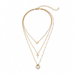 Collar Triple perlas Corazón Cruz Dorado Florecer - Bambú Rosa Joyas y Accesorios 