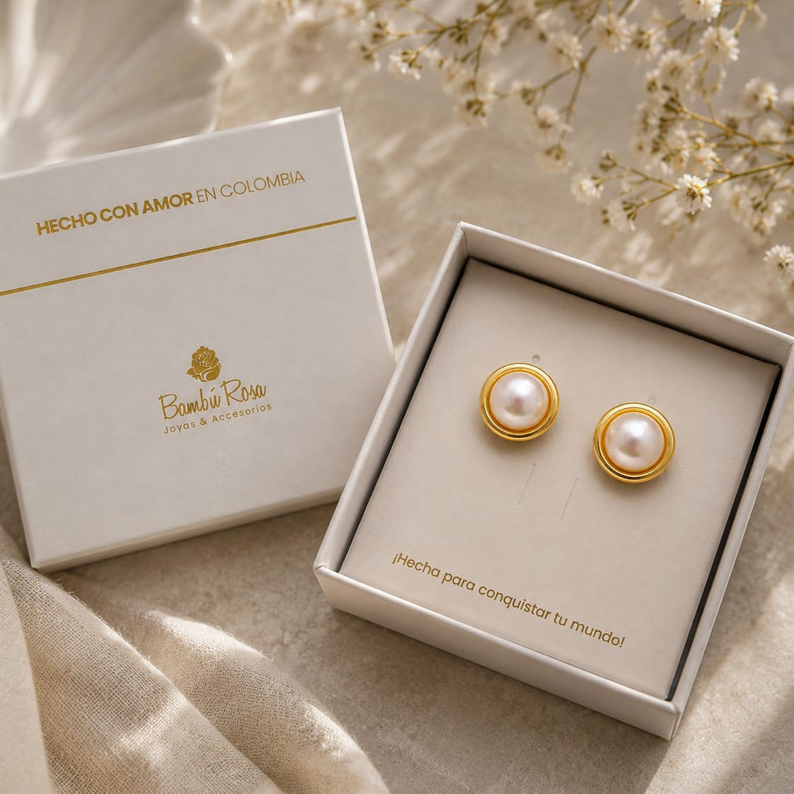 Aretes Topos Bola Perla Dorados Florecer - Bambú Rosa Joyas y Accesorios 