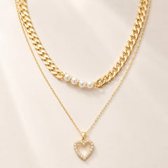Collar Doble Perla Corazón Dorado Aura