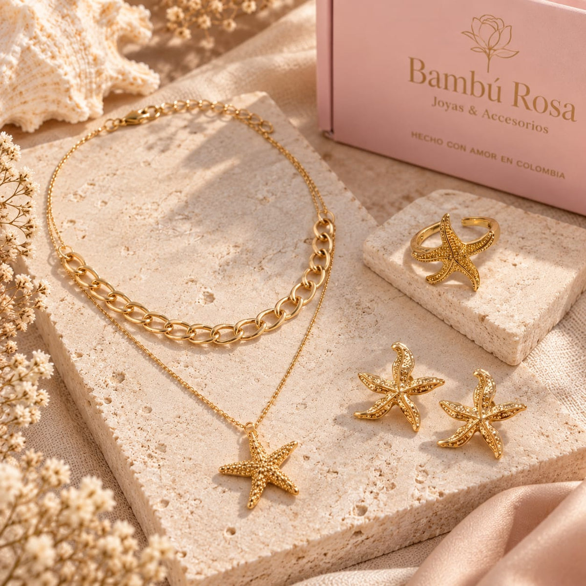 Set Collar Aretes Y Anillo estrella de mar Dorado