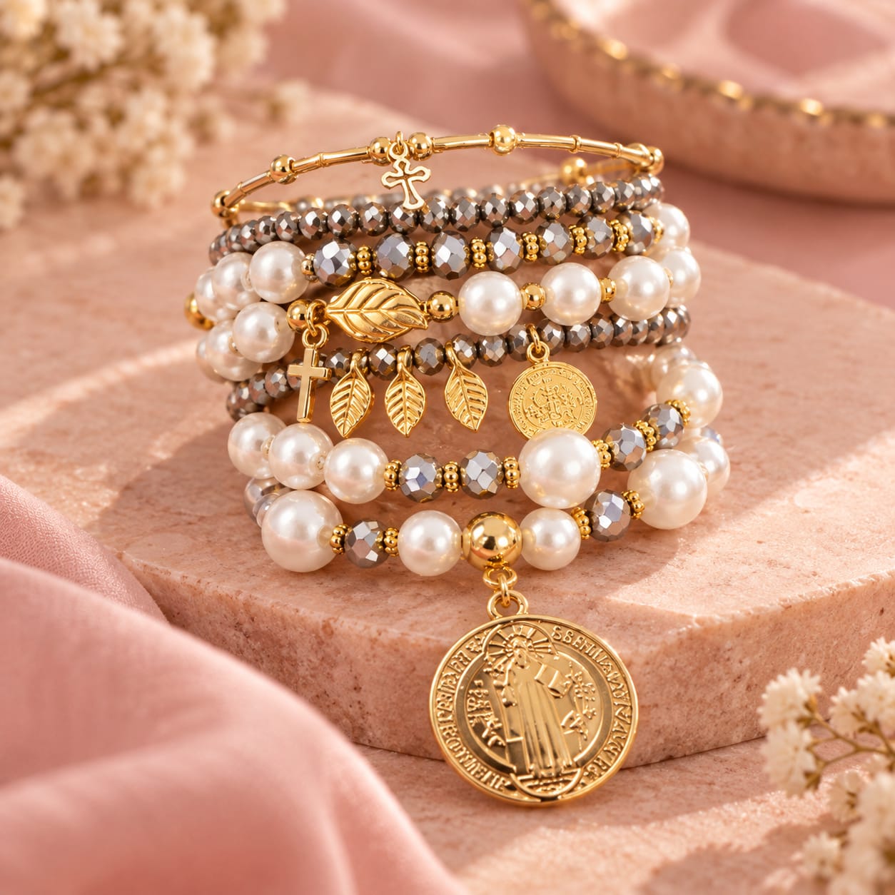 Set Pulseras Dijes surtidos  X 7 Plateado Aura - Bambú Rosa Joyas y Accesorios 