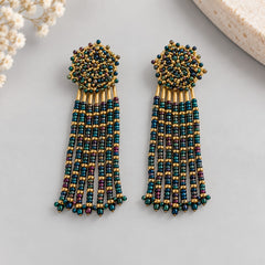 Arete Capullo Largos Tejidos en Mostacilla Verde visos Dorado Creer - Bambú Rosa Joyas y Accesorios 