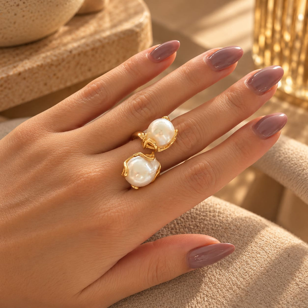 Anillo Ramada Dorado Doble Perla Esplendor