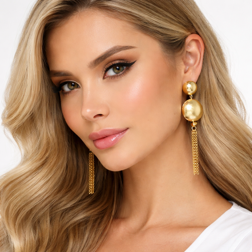 Aretes Doble Esferas Cadenas Dorados - Bambú Rosa Joyas y Accesorios 