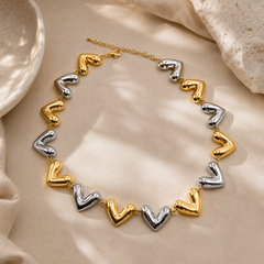 Collar Eslabones De Corazón Dorado Y Plateado - Bambú Rosa Joyas y Accesorios 