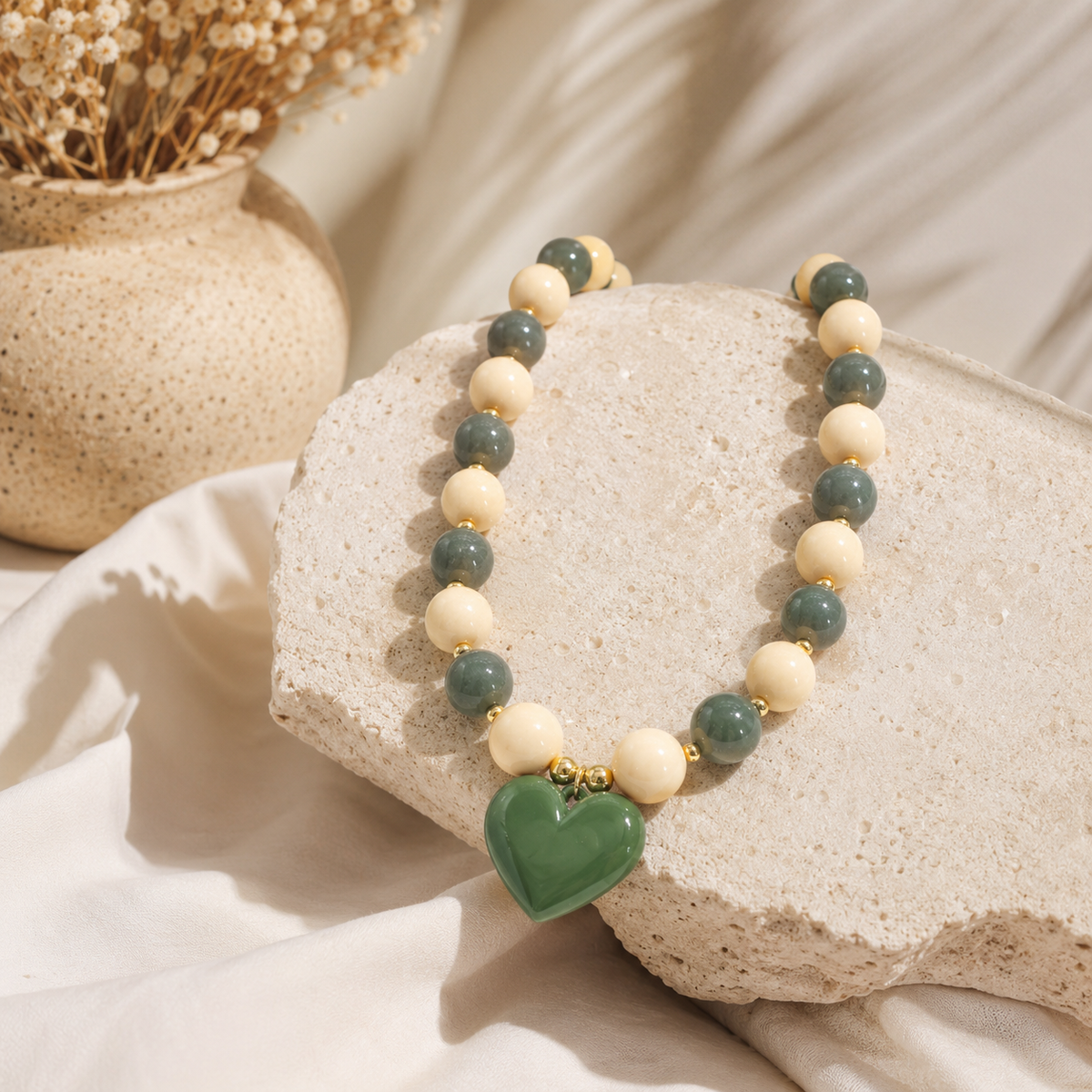 Maxi Collar Piedras Corazón Verde Aura - Bambú Rosa Joyas y Accesorios 