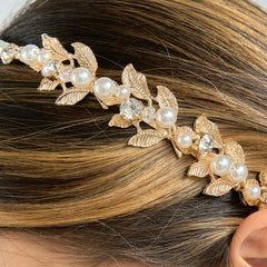 Diadema Perlas Cristal Botánica Dorada - Bambú Rosa Joyas y Accesorios 